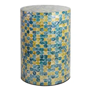 Natural Shell Mosaic Cylinder Accent <b>Stools</b> Mother of Pearl Stylish Hand Made Wooden <b>Stool</b> With Blue And Gold Grid Decor - Product Image 1