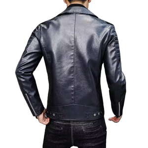 Men Jet Black <b>Biker</b> Leather <b>Jacket</b> PU Faux Leather Motorcycle <b>Jacket</b> Ribbed Sleeve Slim Fit OEM Custom Streetwear Coat - Product Image 2