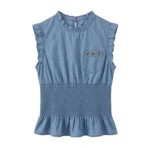 Denim <b>Chambray</b> Breathable <b>Women</b> Blouses Smocked Waist Frill Armhole Indigo Blue Chest Embroidery Sleeveless <b>Shirts</b> - Product Image 3
