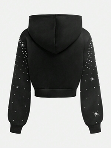 Custom <b>Black</b> Cropped Hooded <b>Sweatshirt</b> <b>Black</b> Cropped Hooded <b>Sweatshirt</b> With Rhinestone Dot Print Regular Fit Autumn Wear - Product Image 2