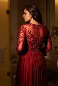 Robe de soirée sirène élégante à sequins bordeaux, col montant, manches longues, prix direct usine, pour mariage et tapis rouge - Product Image 3