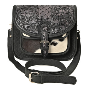 Sac bandoulière carré en cuir de vachette style safari avec franges et pompons pour filles, sac à bandoulière en cuir de vache à poils apparents - Product Image 1