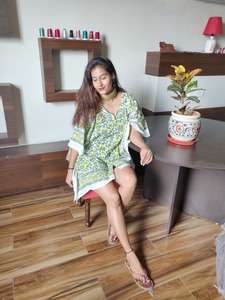 Robe décontractée douce et naturelle à manches 3/4, longueur genou, tunique courte kaftan pour femme, imprimé floral fait main, spécial été - Product Image 3