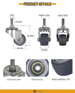 Roue de roulette en acier inoxydable à tige filetée pivotante de 1.5 pouces, tige légère M10 - Product Image 6