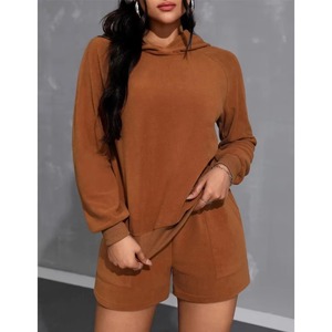 Nouvel arrivage : Ensemble short et sweat à capuche oversize 2 pièces 100 % coton 260 g/m² avec logo brodé personnalisé, dentelle unie, style streetwear pour femme - Product Image 3
