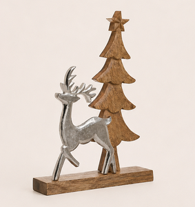 Handcrafted Silver Aluminum Reindeer With Wooden Christmas <b>Tree</b> Figurine Elegant Minimalist Xmas Centerpiece And Gift For Indoor - Product Image 3