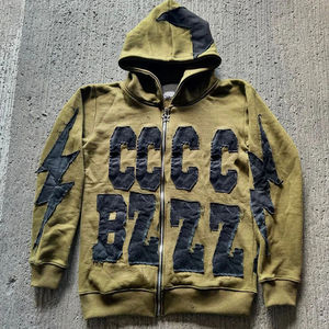 Sudadera con capucha negra personalizada con cremallera completa para hombre, estilo oversize, con gráfico de rayo y aplique desgastado, de forro polar grueso, estilo streetwear - Product Image 6