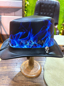 Chapeau haut de forme fait main avec motif crâne flamme bleue, style Western Cowboy Steampunk Gothique Biker, pour adultes, idéal pour les fêtes - Product Image 4