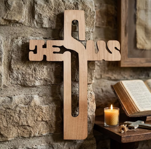 Cruz de Madera con Nombre de Jesús, Hecha a Mano, Ligera, Ecológica, Duradera, Reciclable, Diseño Art Deco, para Montar en la Pared, Moderna - Product Image 3