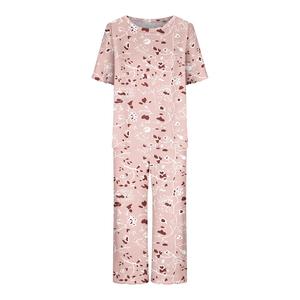 Ensemble de pyjama imprimé floral pour femmes, manches courtes, col rond, en coton tricoté, respirant, doux, vêtements de nuit décontractés, 2 pièces, longueur complète - Product Image 1
