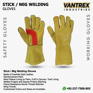 Leather Welding <b>Gloves</b> Yellow Red Palm Reinforcement Straight Thumb Heat Resistant Breathable Molten Metal Splash Test <b>Gloves</b> - Product Image 5