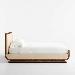 Luxury Burl Wood Veneer Platform Bed with <b>Fluted</b> Upholstered Panels Curved Corner Modern King Size Bedroom Furniture - Product Image 3