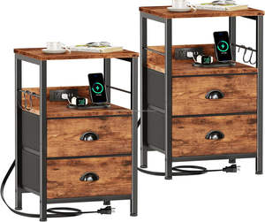Table de Chevet Rustique en Bois Massif de Mangue, Lot de 2, avec Station de Recharge et 2 Tiroirs, Table d'Appoint Moderne Faite à la Main - Product Image 6