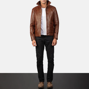 Trex Exports Fashionable Stylish New Streetwear Mens <b>Brown</b> <b>Leather</b> <b>Jacket</b> Stand Collar Custom Made Full Sleeves - Product Image 1