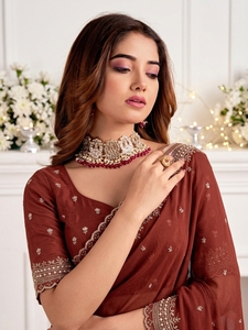 Elegant <b>Red</b> Georgette <b>Saree</b> Embroidered Border Sun Protection Wedding Occasion Women Traditional Floor-Length India Pakistan - Product Image 5