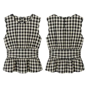 Custom <b>Viscose</b> Gingham Check Blouse Sleeveless Elastic Waist Peplum Flounce Jewel Neck Airy Fresh Summer Cute Day Blouses - Product Image 1