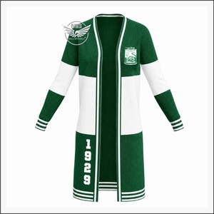 Cardigan long décontracté en maille brodée pour femme Iota Phi Lambda, vert et blanc, à blocs de couleur, col en V, manches longues - Product Image 1