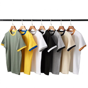 Camiseta de Manga Corta Amarilla para Hombre con Ribete en Contraste Azul, Corte Regular, Cuello Redondo, Color Sólido, Tejido de Algodón - Product Image 4