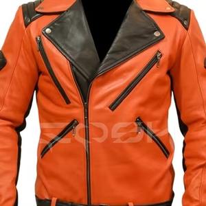 Chaqueta de Motociclista Estilo Punk Retro, Chaqueta Urbana de Cuero Naranja y Negro de Alta Visibilidad con Diseño de Armadura - Product Image 3