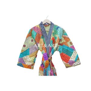 Kimono de Algodón Puro con Bordado Calado, Hecho a Mano, Multicolor, Estilo Kantha, Túnica Acolchada de Invierno, Ropa de Calle, Regalo para Mujeres y Madres, Cálido - Product Image 4