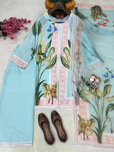 Ensemble 3 pièces pour femme : Kurta, Palazzo et Dupatta imprimés numériquement, style ethnique indien et pakistanais, coupe décontractée - Product Image 1