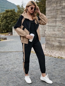 women <b>tracksuit</b> fitted cotton polyester fabric zipper jacket jogger set breathable stretch gym training wear sportswear - Product Image 4