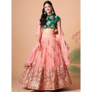 Glamour Peach Mirror Work Lehenga Choli Wedding Wear Robe en filet décorative - Product Image 2