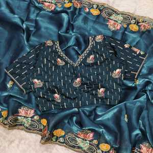 Saree ดีไซน์เนอร์สำหรับงานปักลายหลายดอกและปักเลื่อม - Product Image 6