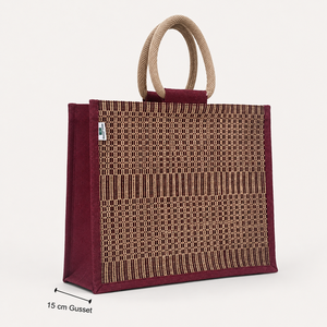 Custom Logo Laminated Jute Tote Bag Geometric Maroon Reusable Shopping Promotional <b>Gift</b> Bag 40x32x15 cm Wholesale Manufacturer - Product Image 3