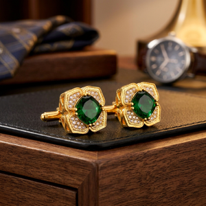 Gemelos de oro para hombre con circonita verde y diseño floral, engaste de garra, accesorios formales para camisa - Product Image 5