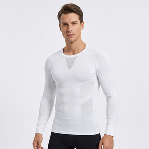 Unisex <b>White</b> Printed Lightweight <b>Long</b> Sleeve Crew Neck Breathable Mesh Sport Shirt Skinny Fit Polyester Summer Athletic Front - Product Image 2