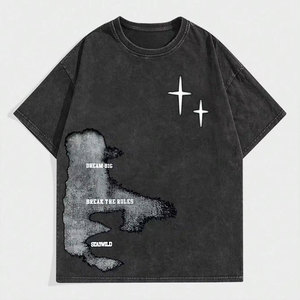 Camiseta Negra Extra Grande de Algodón para Hombre con Estampado Abstracto y Diseño de Estrella, Estilo Urbano, Cuello Redondo, Manga Corta, Corte Regular - Product Image 3