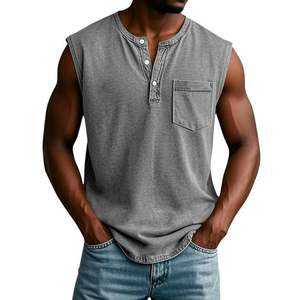 Camisetas sin mangas retro con cuello en V y botones para hombre, personalizadas OEM, con efecto desgastado, sin mangas, para gimnasio y entrenamiento, con bolsillos en el pecho - Product Image 5