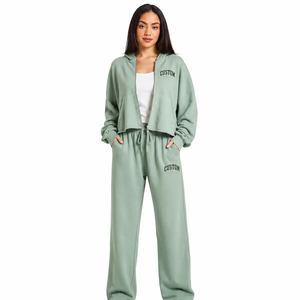 Ensemble de survêtement vert sauge pour femme, deux pièces, veste à capuche zippée et pantalon large, pour tenue décontractée, fitness et sport, costumes personnalisés en gros - Product Image 1