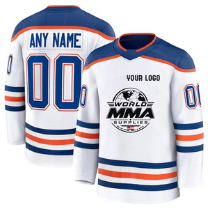 Camiseta de Hockey sobre Hielo Personalizada, Verano, Blanca, Azul y Naranja, con Rayas, Impresión Sublimada, Cuello en V, Manga Larga, Unisex, Adulto, Transpirable, Secado Rápido - Product Image 1