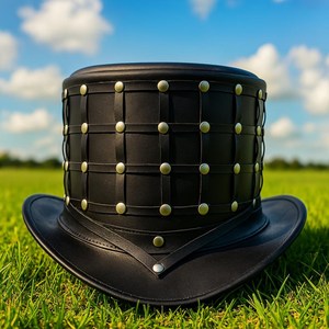 Premium Quality custom made Handmade Black Leather <b>Top</b> Hat Studded Steampunk Hat Gothic Festival Style - Product Image 2