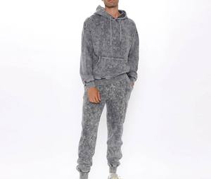 <b>Men</b> Acid Wash Tracksuit Set Hooded Sweatshirt Jogger Pants Full Sleeve Solid Color Casual Loose Fit Autumn Wear - Product Image 1