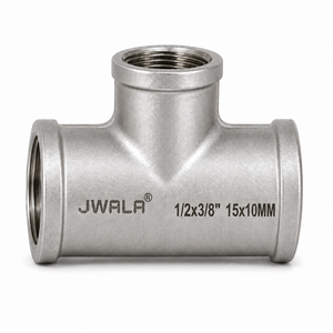 Conector en T Reductor de Acero Inoxidable Industrial de 15x10 mm con Puertos Roscados de 1/2x3/8 Pulgadas para Sistemas de Tuberías de Procesos Químicos - Product Image 1