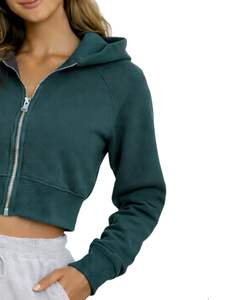 Sudadera con capucha corta personalizada para mujer, con cremallera, manga larga, informal, de felpa suave, estilo urbano, color verde oscuro, para otoño e invierno. - Product Image 4