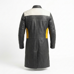 Abrigo de Cuero Genuino Personalizado para Hombre, Gabardina Larga Estilo Biker con Paneles Grises, Blanco en el Pecho y Amarillos en la Cintura, Hecho a Medida en Fábrica - Product Image 2