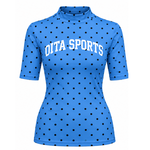 <b>Sky</b> <b>Blue</b> Polka Dot Women Mock Neck Short Sleeve T Shirt Slim Fit Stretch Casual Printed <b>Top</b> Fashion Summer Apparel Wholesale - Product Image 1