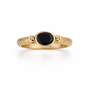 Bague en laiton Moku Jewellery, onyx noir ovale facetté, taille fixe, style glamour, pierre de naissance de juillet, bijoux faits à la main pour femmes - Product Image 1