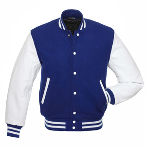 Vestes universitaires vierges en gros, corps en laine bleue et manches en cuir PU, style baseball - Product Image 2