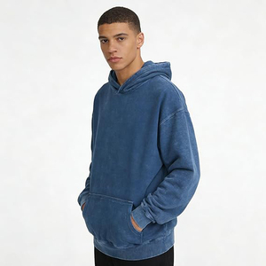 เสื้อฮู้ดดี้สีน้ำเงินเข้มสไตล์วินเทจสำหรับผู้ชาย เสื้อโอเวอร์ไซส์ผ้าฝ้ายฟลีซแบบดิสเทรส สตรีทแวร์ ขายส่ง - Product Image 3