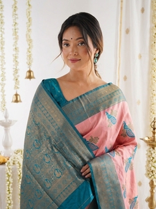 Sari en soie rose et bleu AARA Fashion avec imprimé paon, tenue traditionnelle indienne, protection solaire pour Diwali, sari long pour femmes - Product Image 4