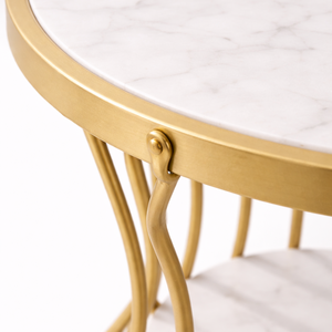 โต๊ะข้างทรงกลมหินอ่อนหรูหรา โครงโลหะสีทอง โต๊ะวางของตกแต่งสไตล์โมเดิร์น พร้อมชั้นวางด้านล่าง สำหรับห้องนั่งเล่น - Product Image 3