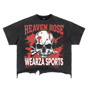 Camiseta de algodón para hombre, de gramaje alto, con lavado ácido, estampado de calavera, corte cropped y bajo desgastado, estilo streetwear grunge, venta al por mayor OEM - Product Image 1