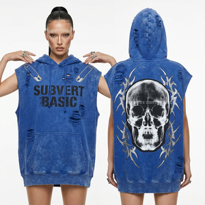 Chaleco con capucha sin mangas para mujer, 350GSM, azul con lavado ácido, con estampado básico subvertido y gráfico de calavera desgastado, estilo oversize streetwear, proveedor - Product Image 1