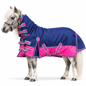 Couverture imperméable et respirante pour cheval miniature 1200D |   Couverture de cheval intégrale en ripstop bleu marine et rose - Product Image 1
