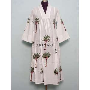 Vestido Midi de Algodón Blanco Hecho a Mano para Mujer, Estilo Boho, Corte Holgado, Estampado a Bloque Ecológico, Informal, para Vacaciones - Product Image 1